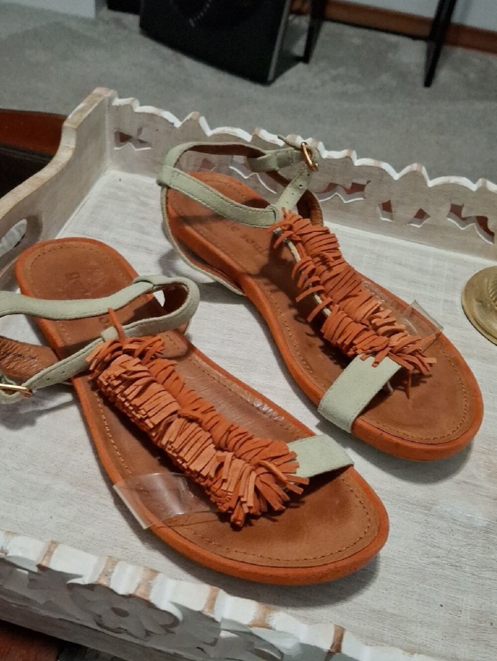 Gentle Soul Women’s Fringe T-Strap Sandals in Orange and Light Green Leather 8